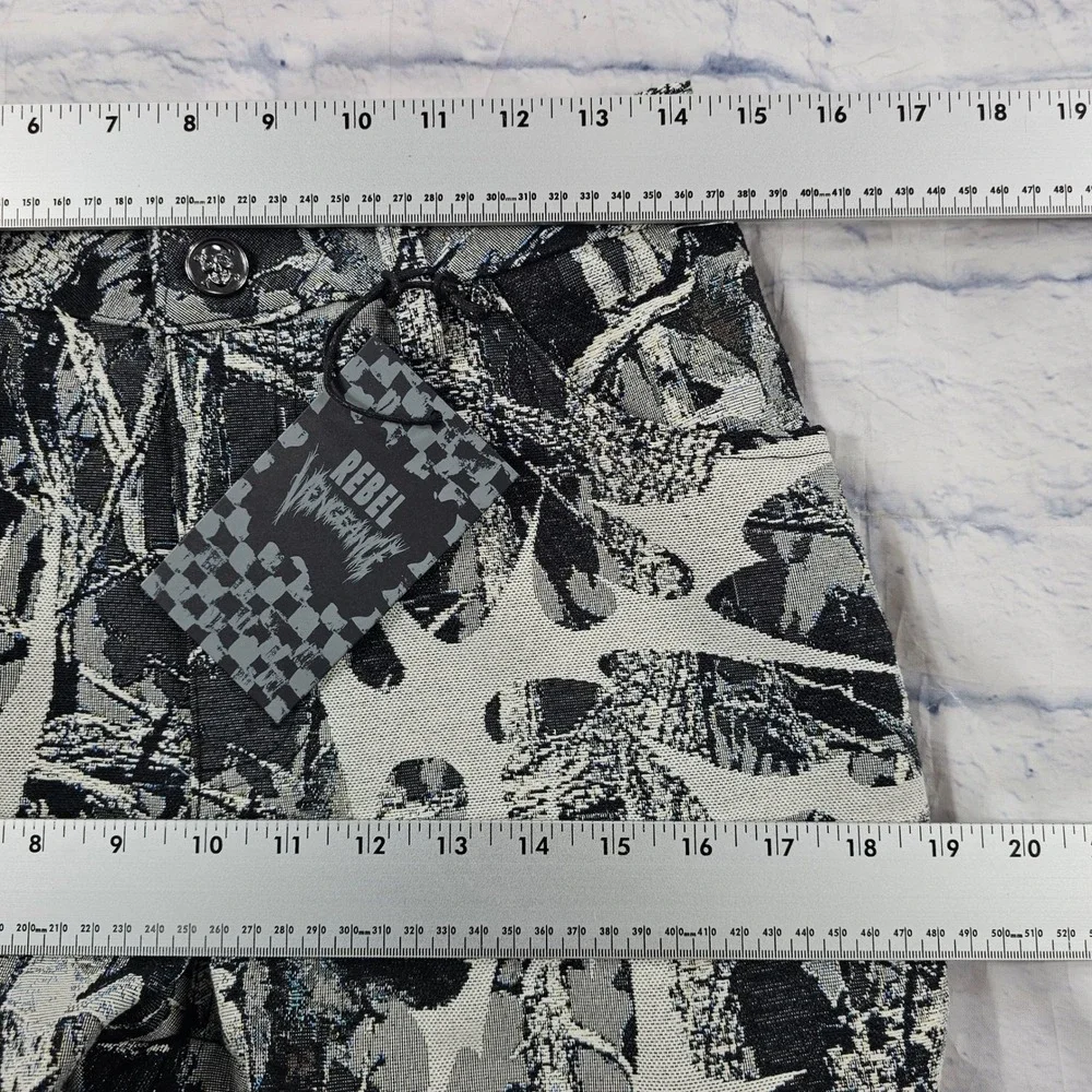 Rebel Vengeance Tapestry Cargo Pants Mens 28 Black White Tree Print Frayed Hem